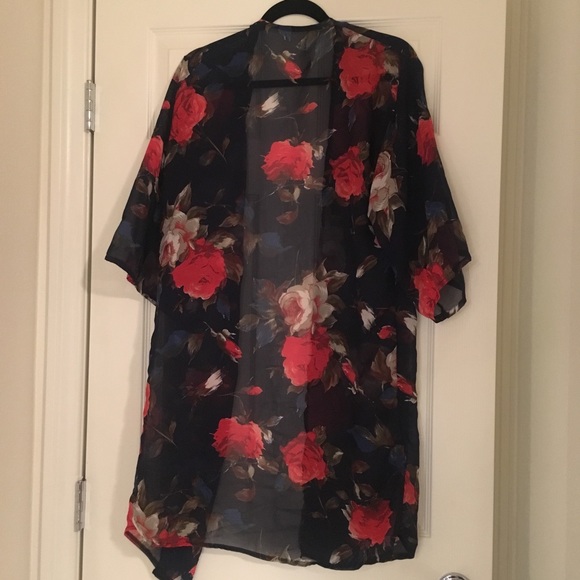 Navy blue with rose detail kimono style cardigan. - Picture 2 of 2